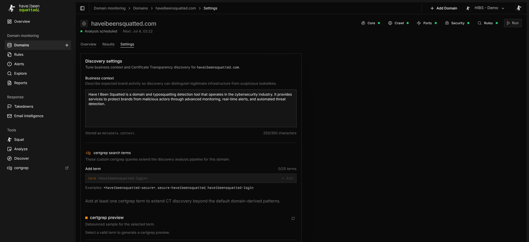 Domain discovery settings for a monitored domain