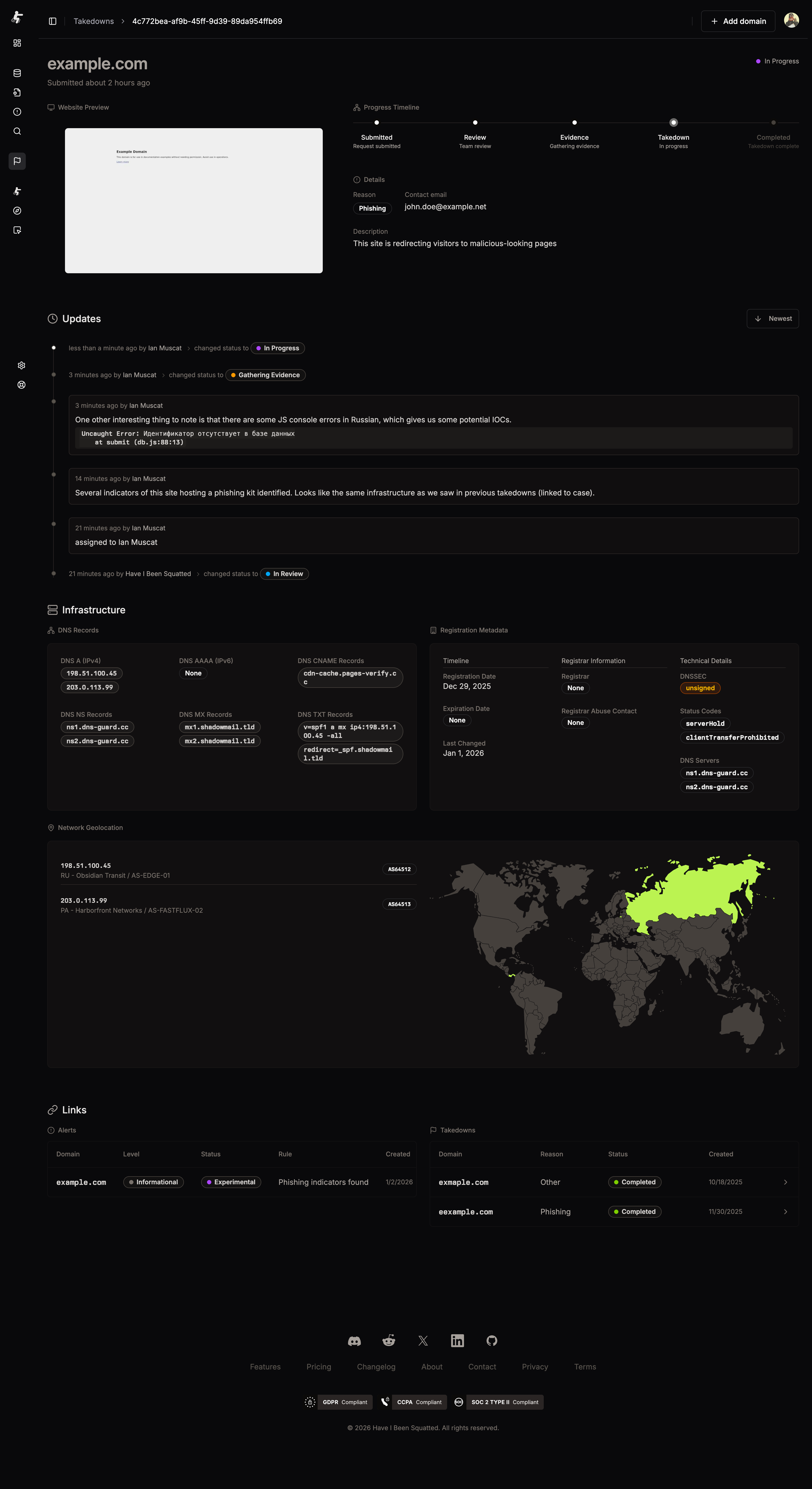 Takedown details view
