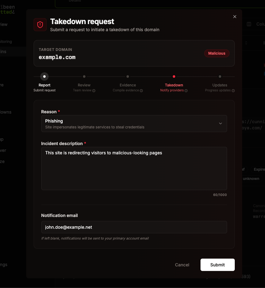 Takedown request modal