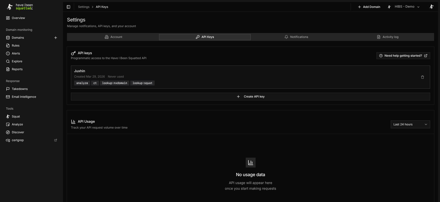 API keys settings empty state