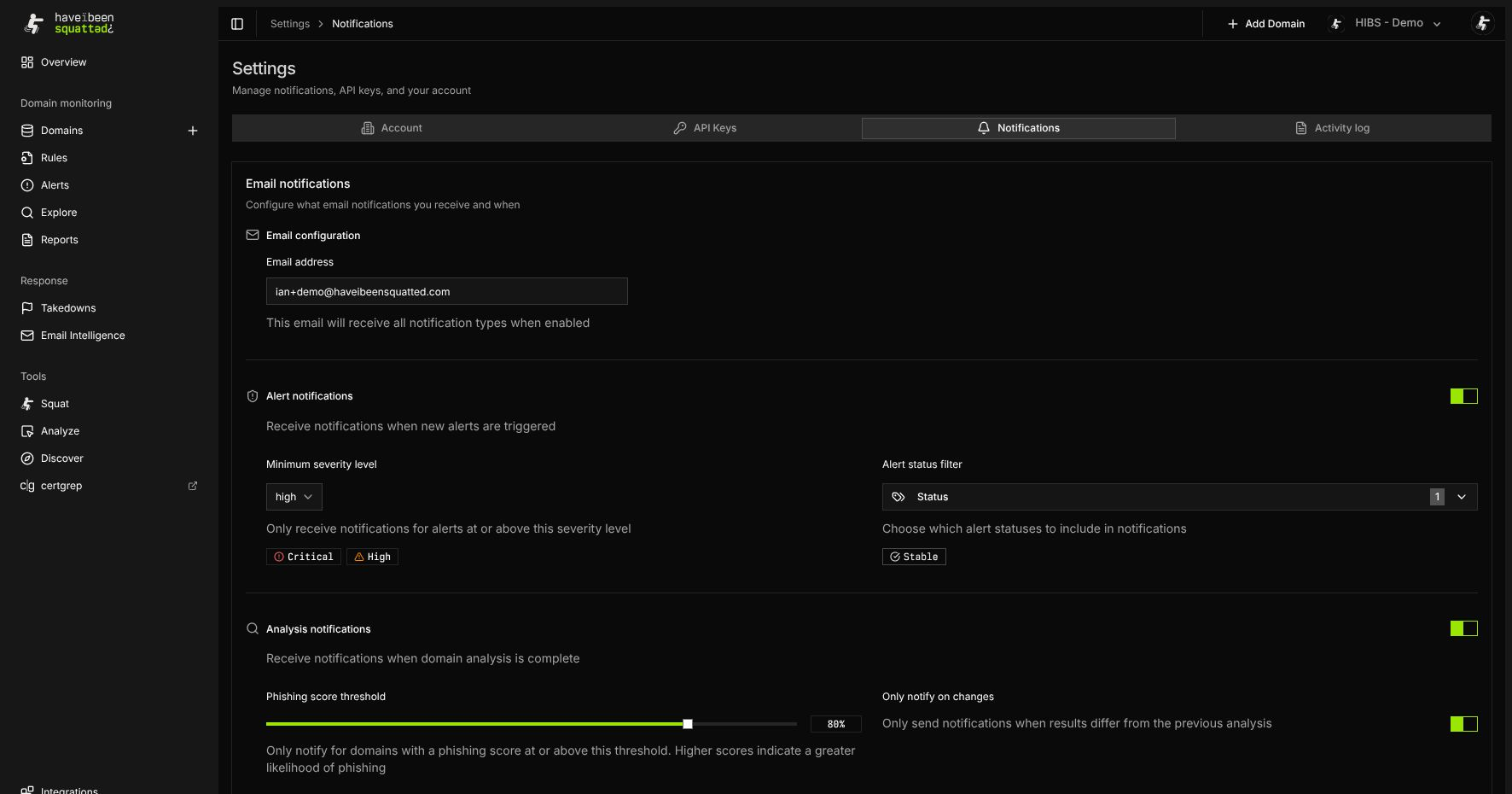Notification settings with email and alert filters