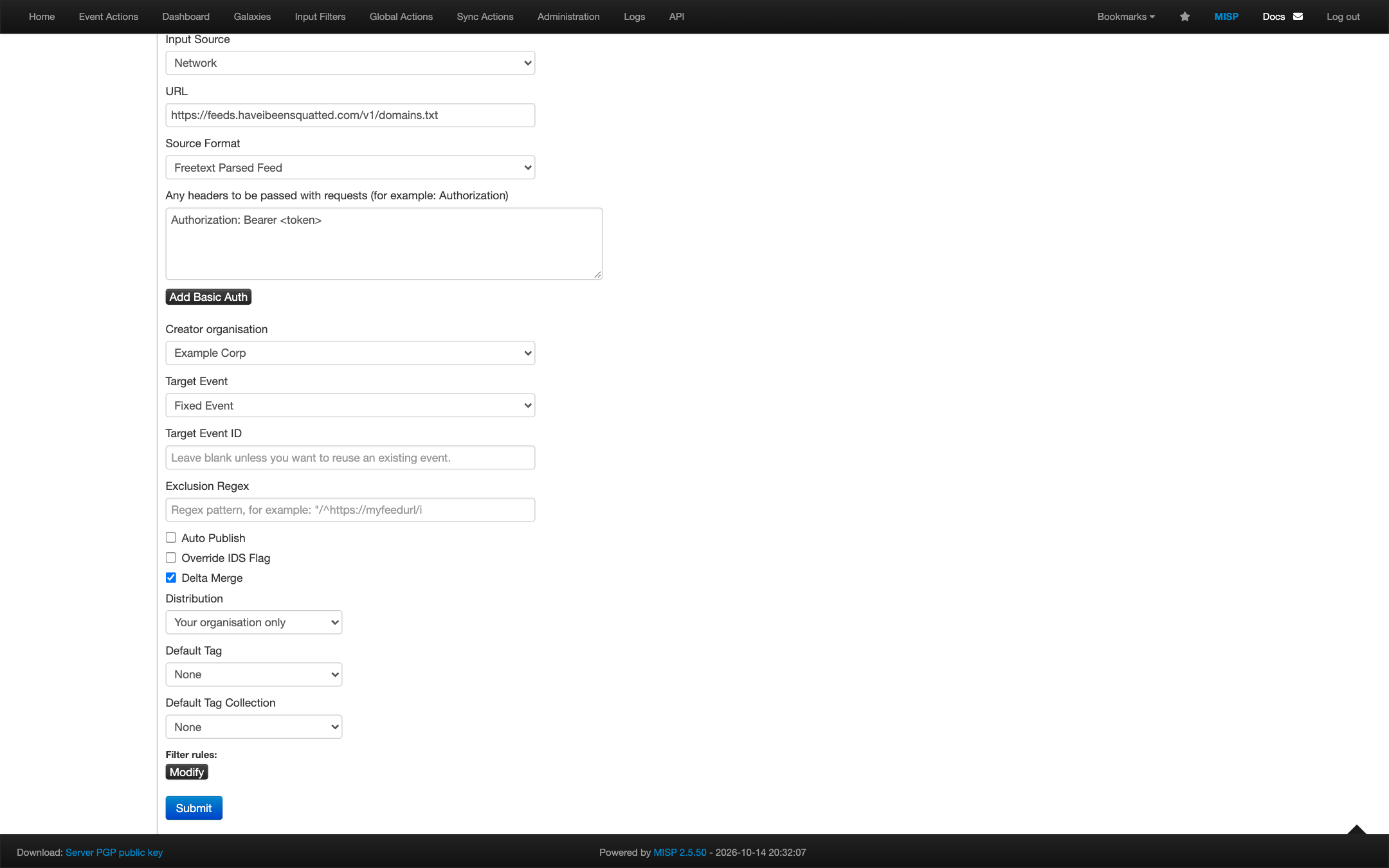 MISP Add Feed form with Fixed Event, Delta Merge and organization-only distribution