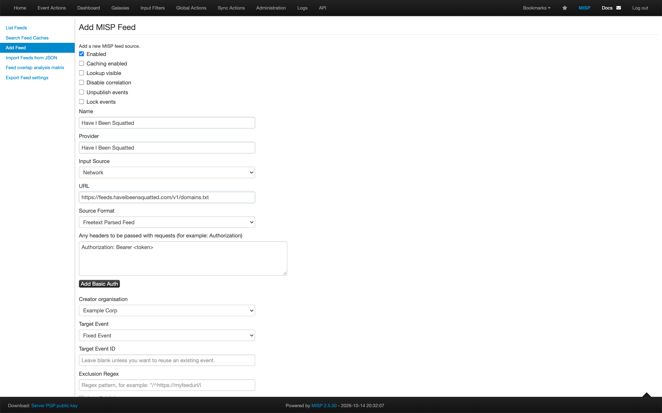 MISP Add Feed form with the feed URL, freetext format and Authorization header
