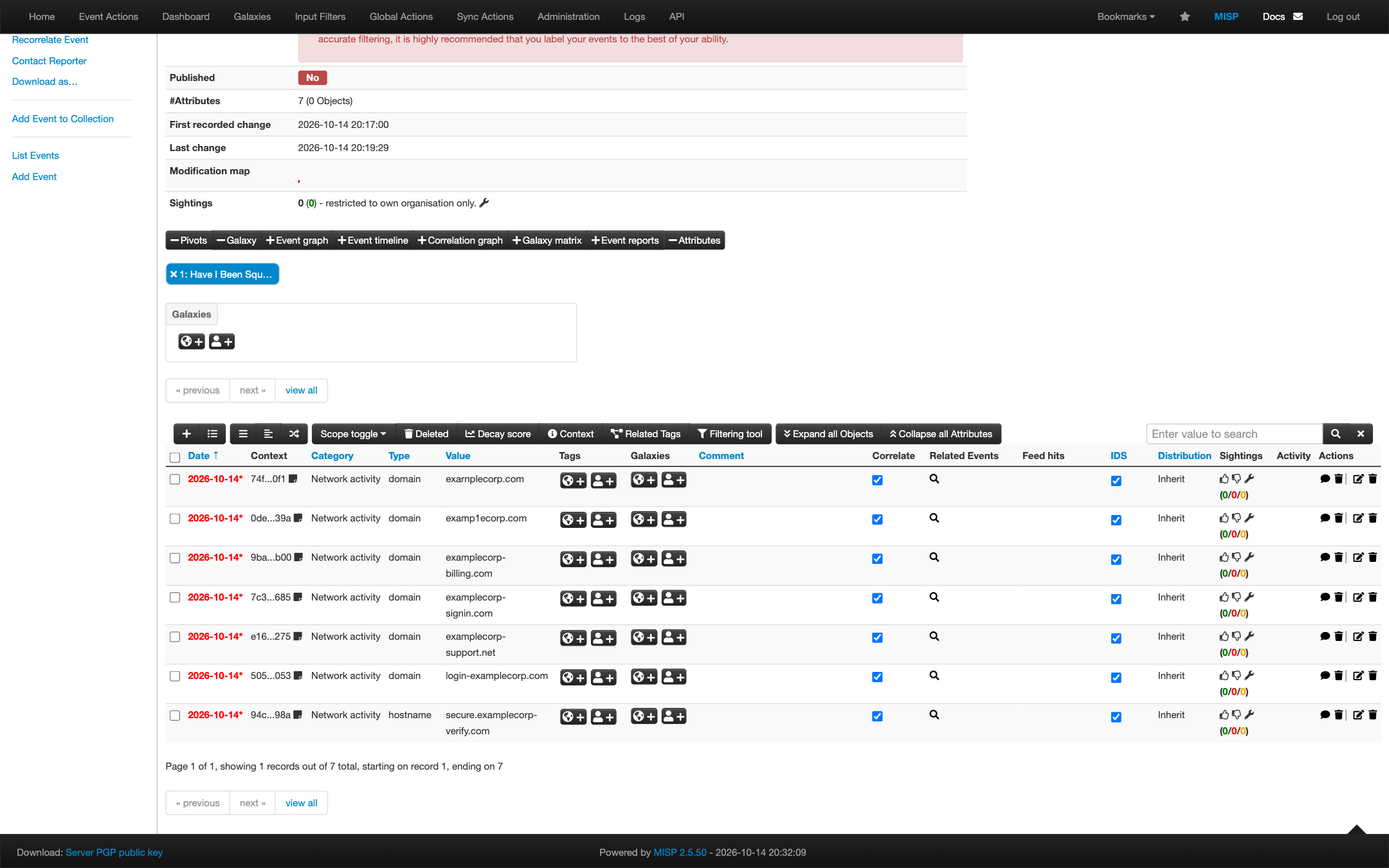 MISP event attributes imported from the domain feed